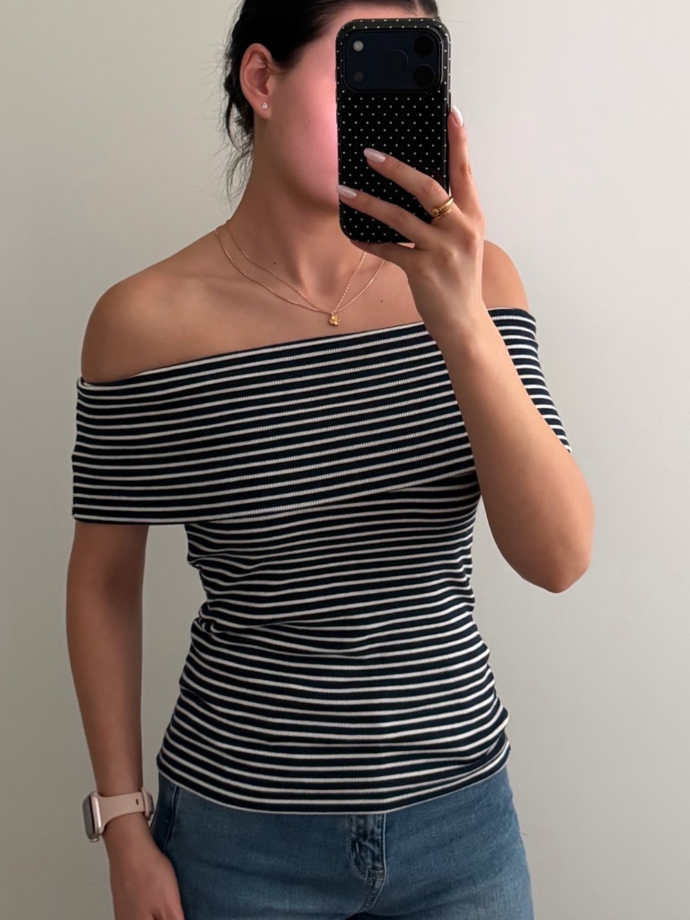 Ann Taylor Black and White Striped Off-Shoulder Crop Top